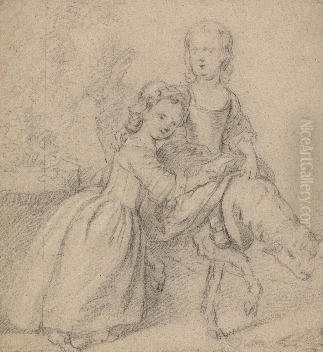 Two Girls in a Landscape, One Riding a Lamb Oil Painting by Thomas Hudson