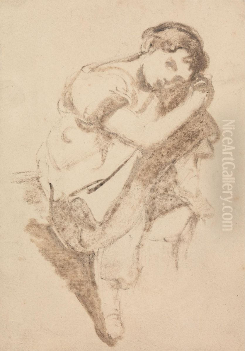Study of a Young Girl Resting her Head on her Knee Oil Painting by Thomas Barker