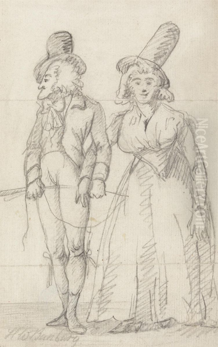 A Long-Chinned Man Arm in Arm with a Bosomy Woman in Tall Hat Oil Painting by Henry Bunbury