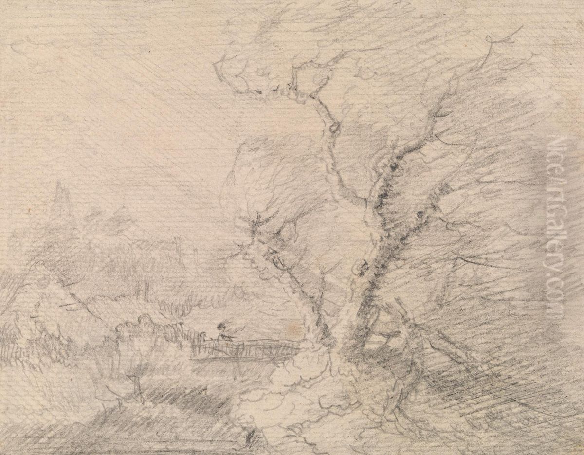 Landscape with Footbridge and Large Tree Oil Painting by George Smith