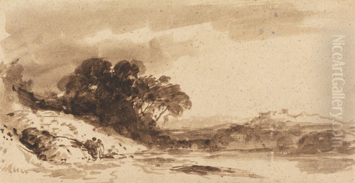 River Landscape with Two Figures, Lake and Distant Mountains Oil Painting by John Varley