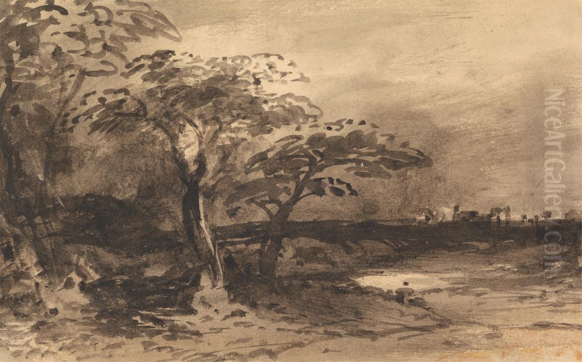 River, Trees and Distant Town Oil Painting by John Varley