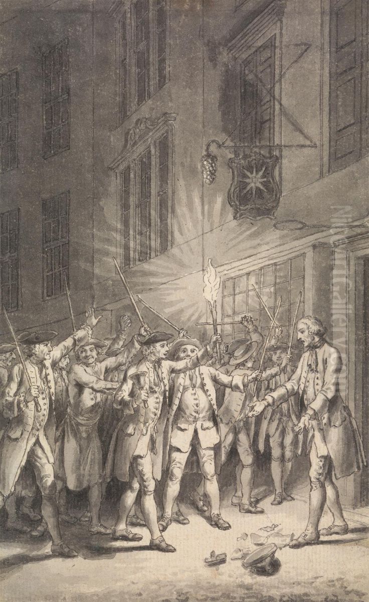 The Mob Assembled to Pull Down the Bawdy House kept by Peter Wood in the Strand Oil Painting by Samuel Wale