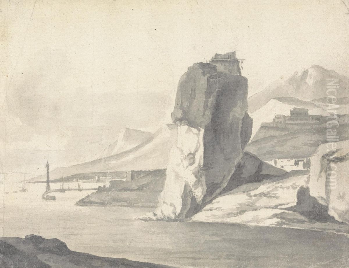 A Coastal Scene (Italian) with Breakwater, High Cliffs and a Fort Oil Painting by Thomas Wijck