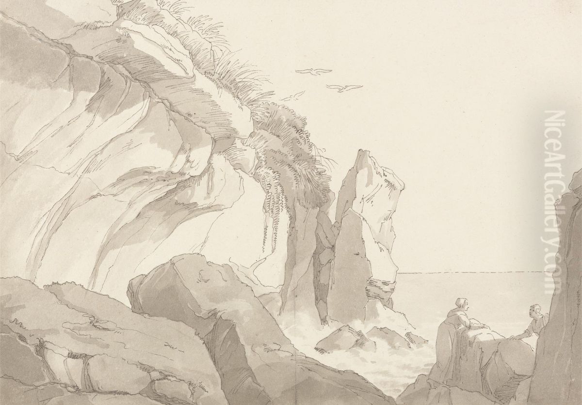Figures on Rocks at the Sea's Edge Oil Painting by John White Abbott