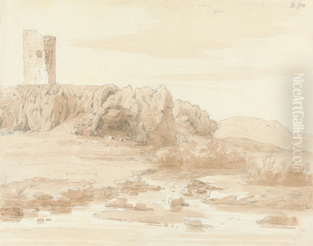 A Tower Ruin, With Mount Parnasus in the Distance Oil Painting by Robert Smirke