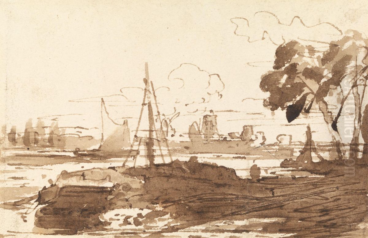 Ships on a River with Buildings in the Distance Oil Painting by John Varley