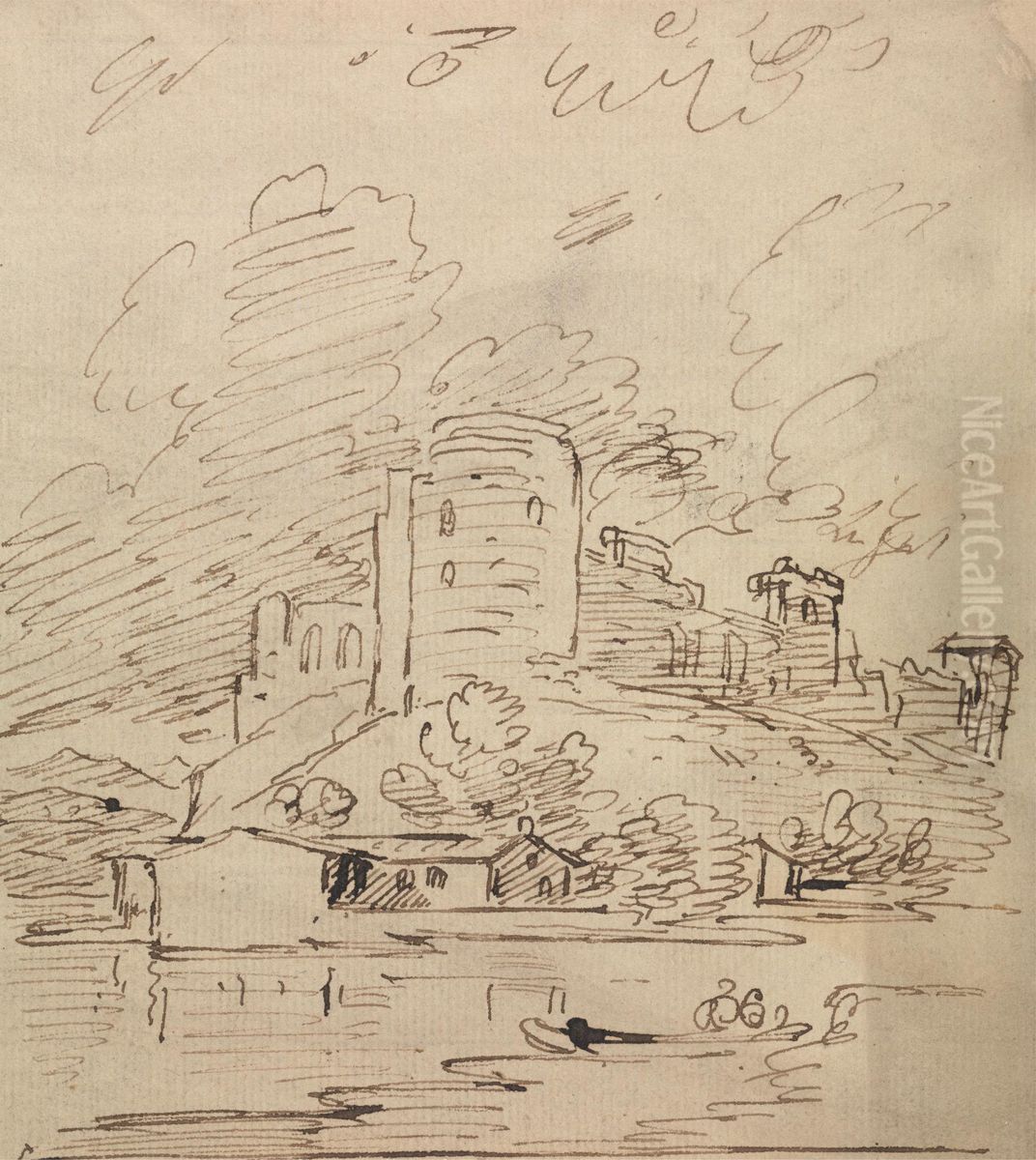 Castle with a Round Tower Above a River Oil Painting by Joseph Farington