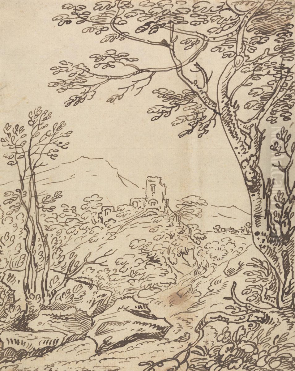 Trees and a Distant Castle Oil Painting by Joseph Farington