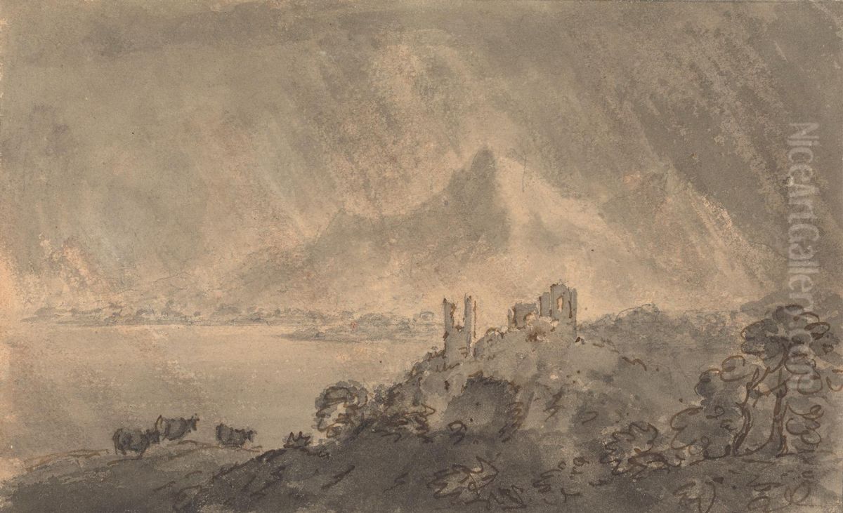 Castle above a Lake with Distant Mountain under Stormy Sky Oil Painting by William Gilpin