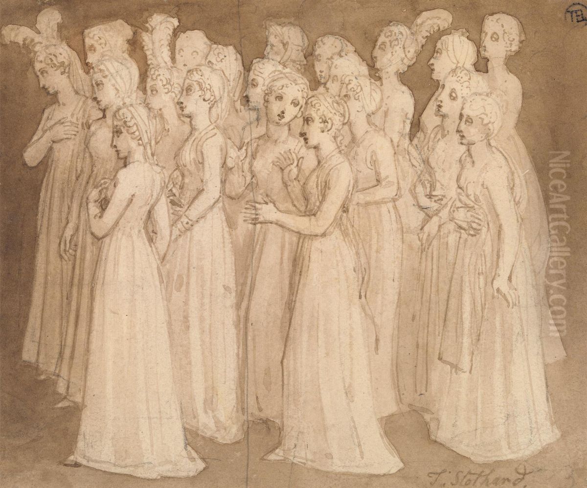 Twenty Young Girls in a Group Walking to the Left Oil Painting by Thomas Stothard