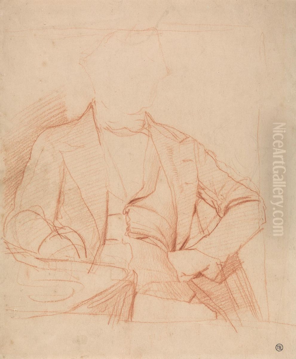 seated facing front, left hand on hip, right arm on table Oil Painting by Alfred Stevens