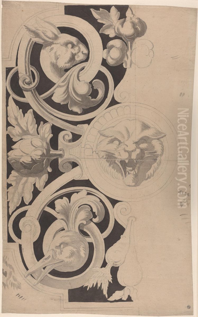 Decorative Design with Heads of a Cat, Hare and Goose Oil Painting by Alfred Stevens