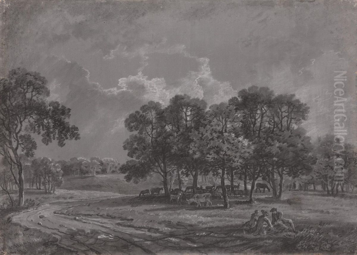 Park Scene with Deer, Cattle, and a Group of Figures Oil Painting by George Barret, Sr.