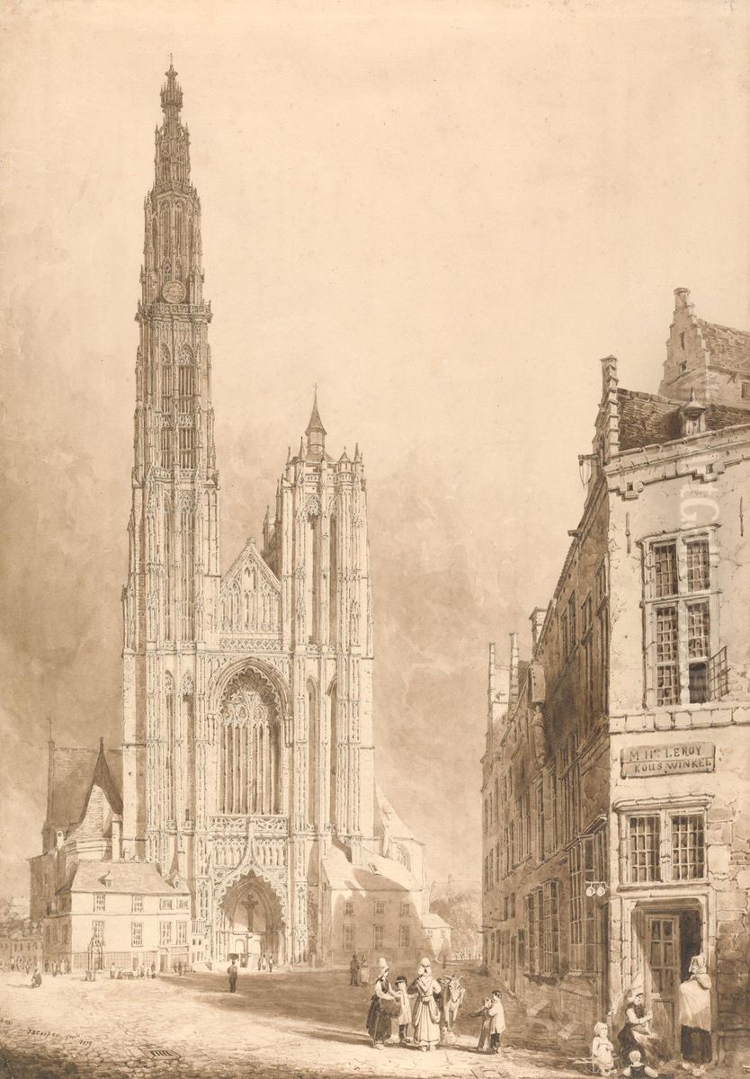View of Antwerp Cathedral Oil Painting by Thomas Sidney Cooper