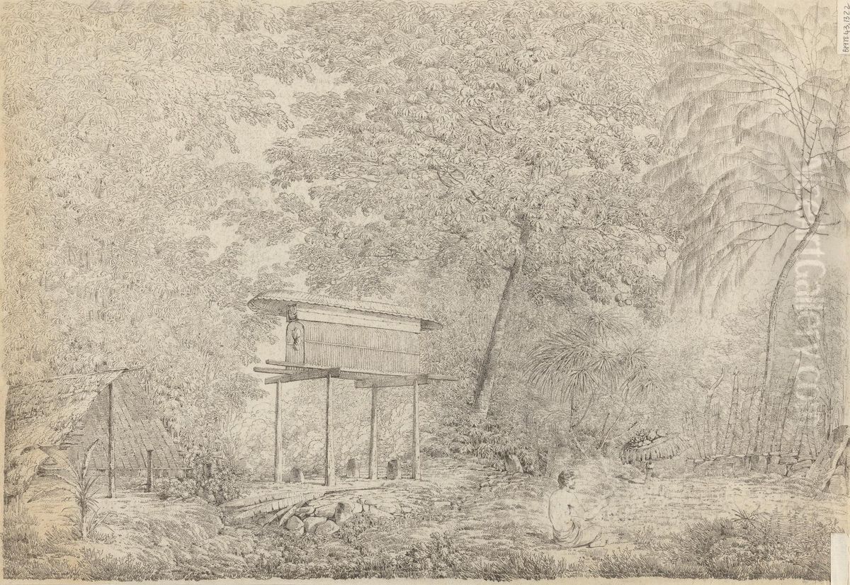 A Toopapaoo of a Chief, with a Priest Making his Offering to the Morai, in Huoheine Oil Painting by John Webber