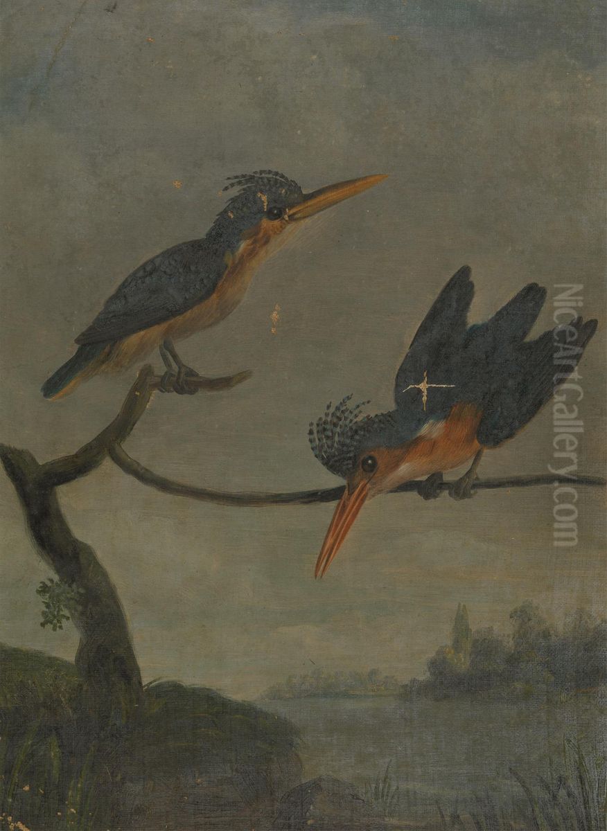 Two Kingfishers beside a Lake Oil Painting by James Sowerby