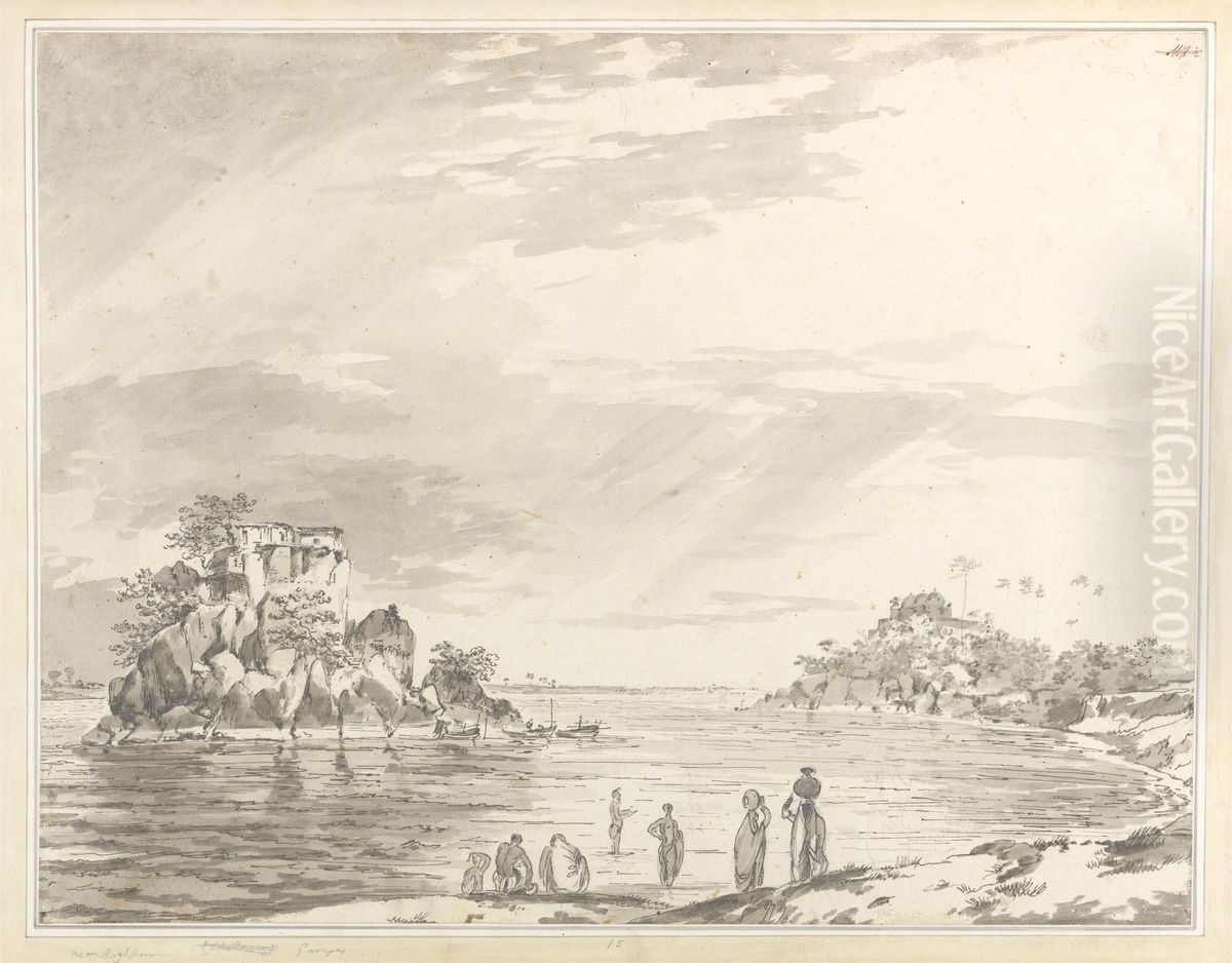 View of the Island of Jangerah at Sultanganj with Figures in the Foreground Oil Painting by William Hodges