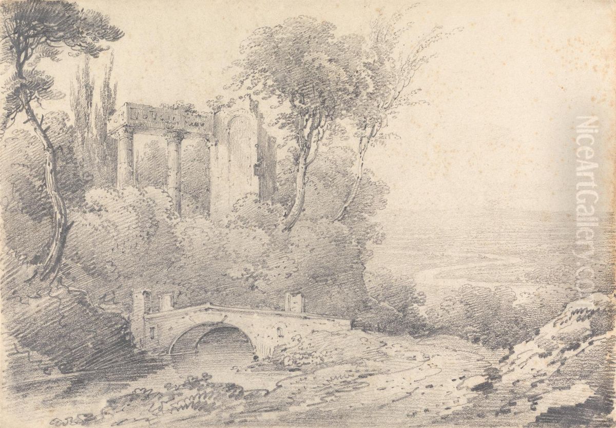 Landscape with Ruins and Bridge Oil Painting by Henry William Burgess