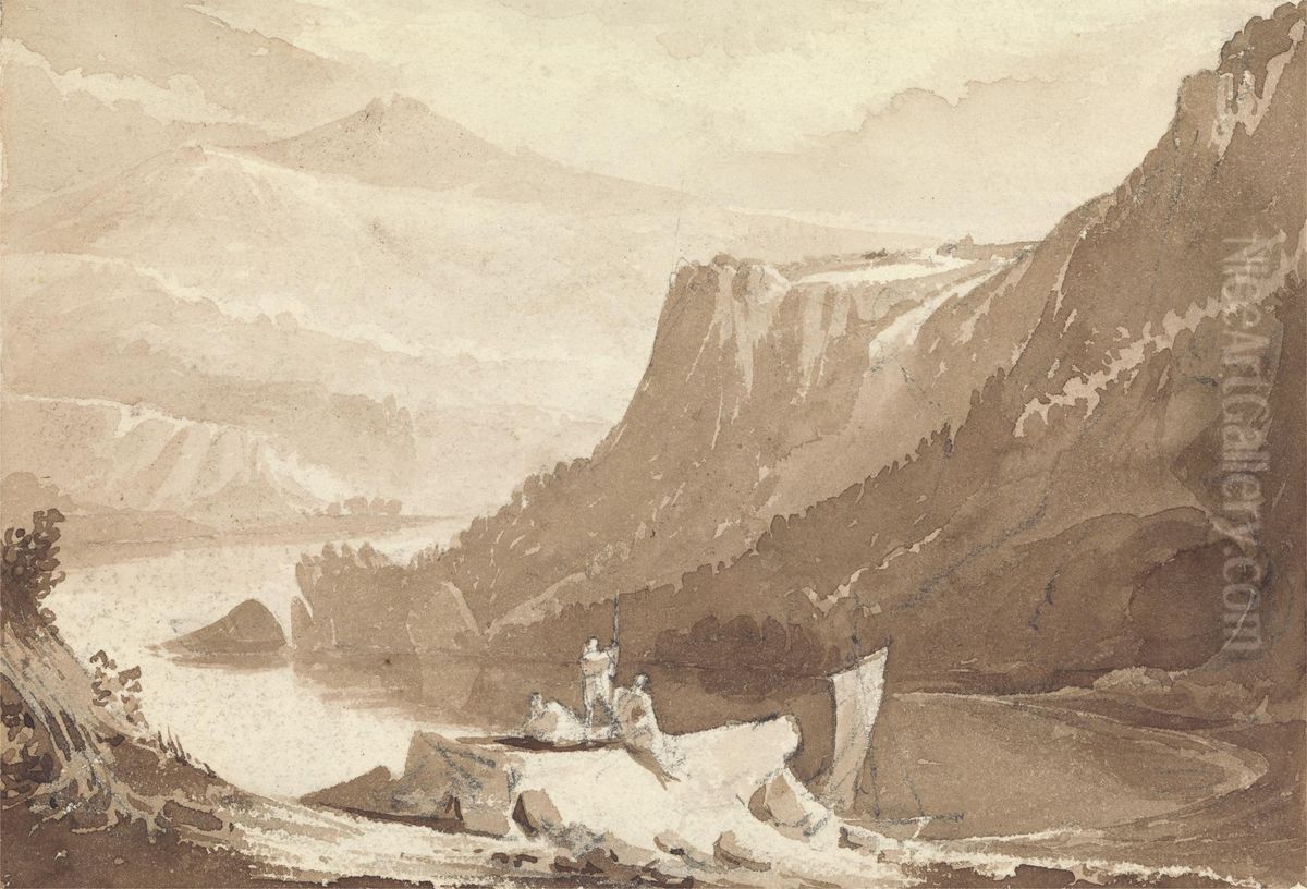 Mountainous Landscape with Figures and a Rock Above a Lake Oil Painting by John Martin
