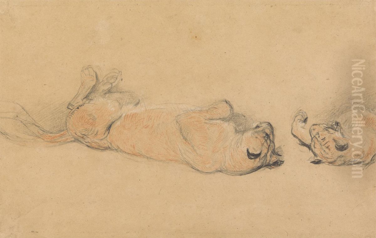 Lions at Play Oil Painting by Sir Edwin Henry Landseer