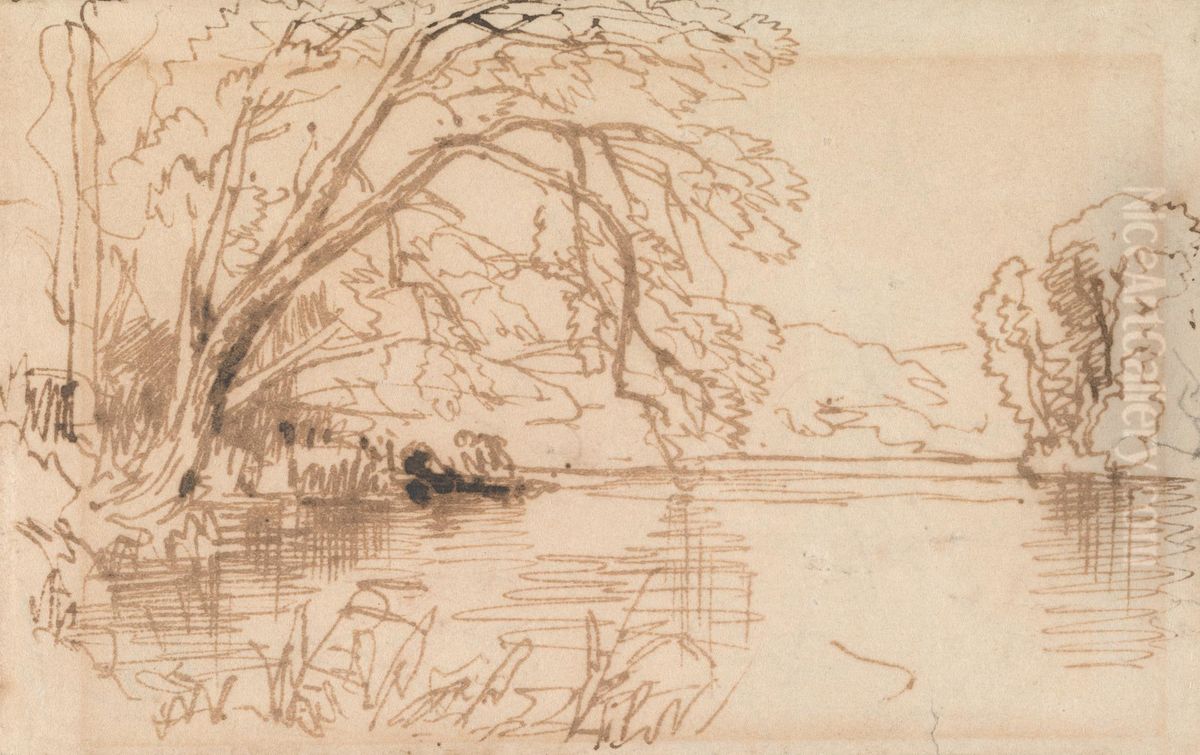 A Tree Overhanging a River Oil Painting by Thomas Creswick