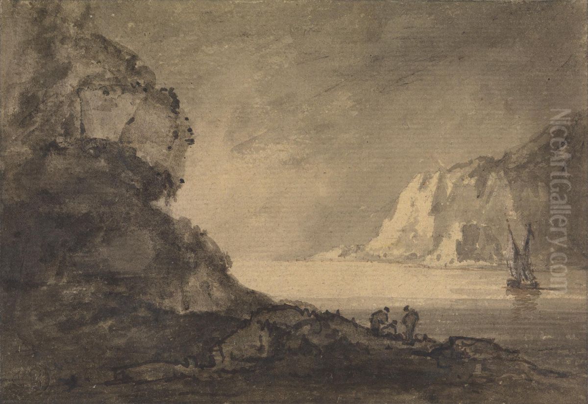 Shipping Scene with Three Figures on shore Oil Painting by William Gilpin