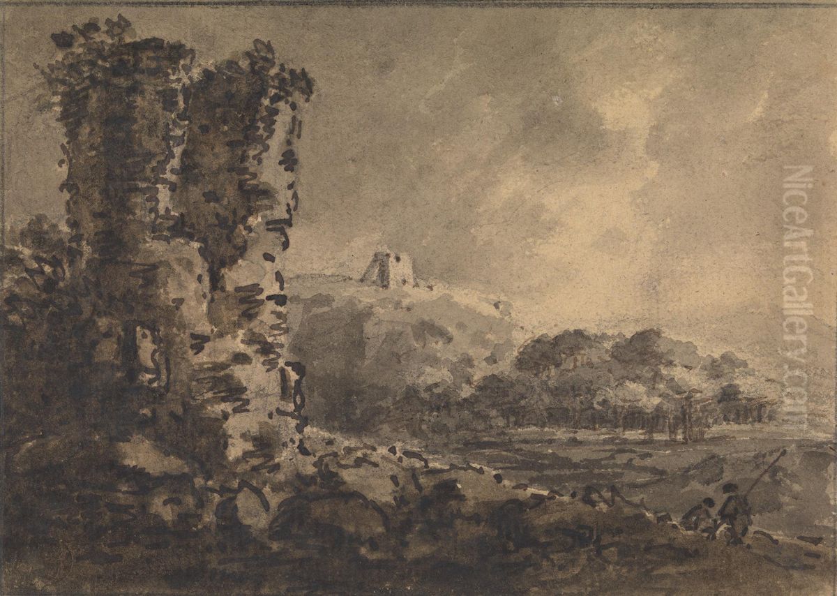 Classical Landscape with Ruin on Left, Two Figures on Right Oil Painting by William Gilpin