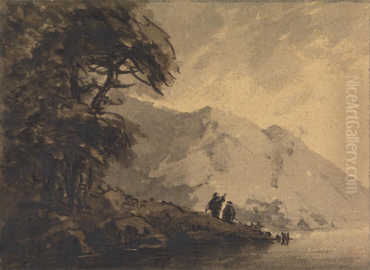 Two Figures on Shore with Mountain Rising Behind Oil Painting by William Gilpin