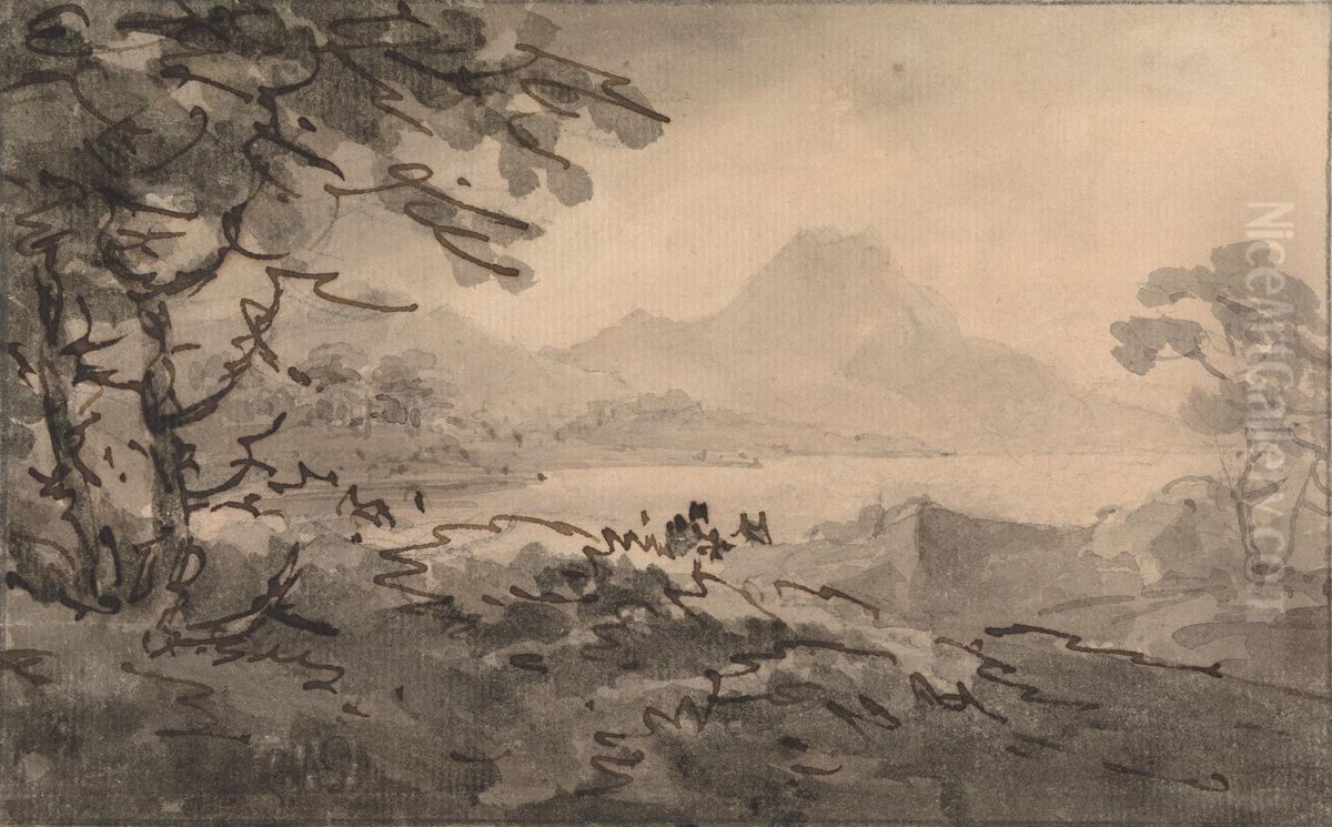 A Lake with Mountains Rising Beyond Oil Painting by William Gilpin