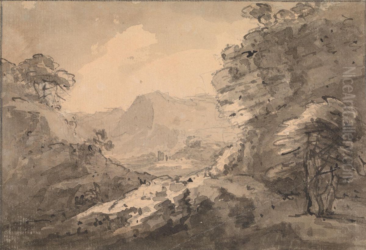 Mountainous Landscape with Rocky Crag at Right Oil Painting by William Gilpin