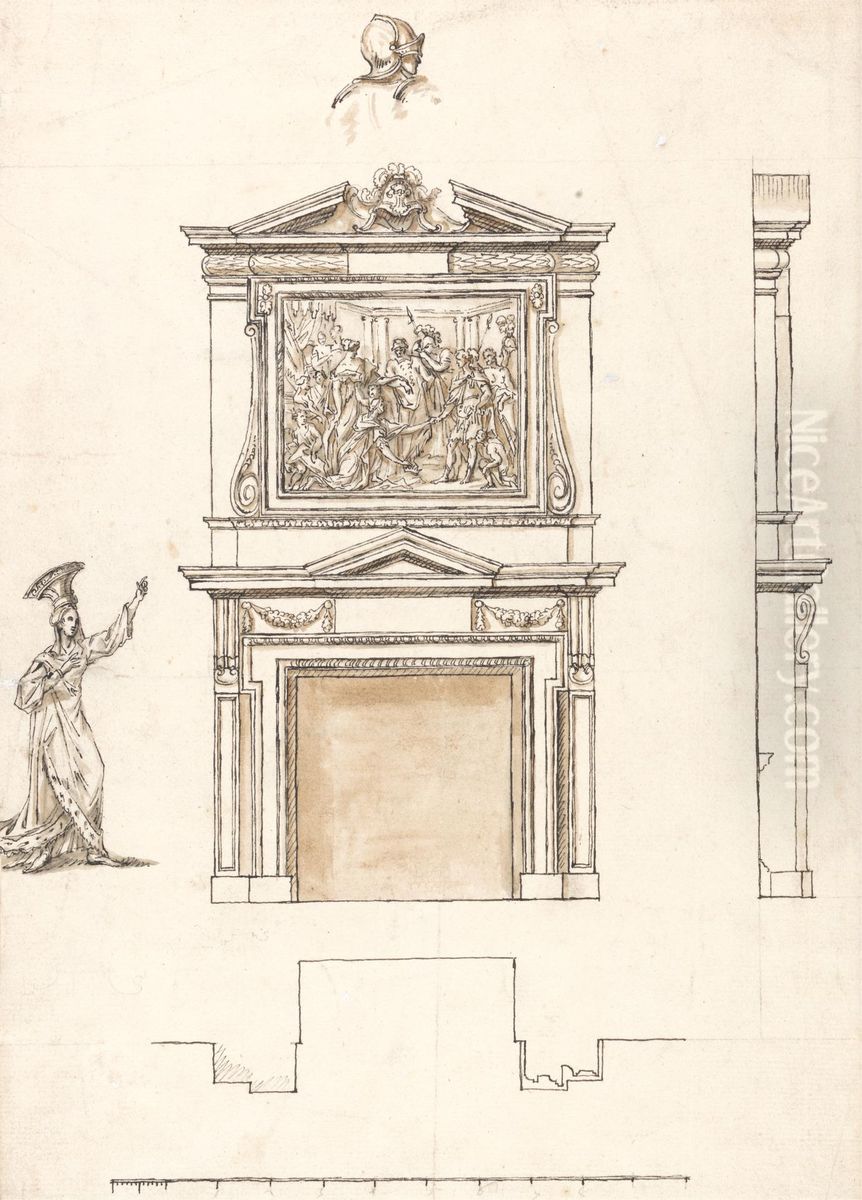 Elevation and Section of Chimney Piece in the Hall Oil Painting by William Kent