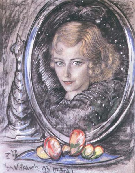 Portrait of Hanna Lorek (in the mirror) Oil Painting by Stanislaw Ignacy Witkiewicz (Witkacy)
