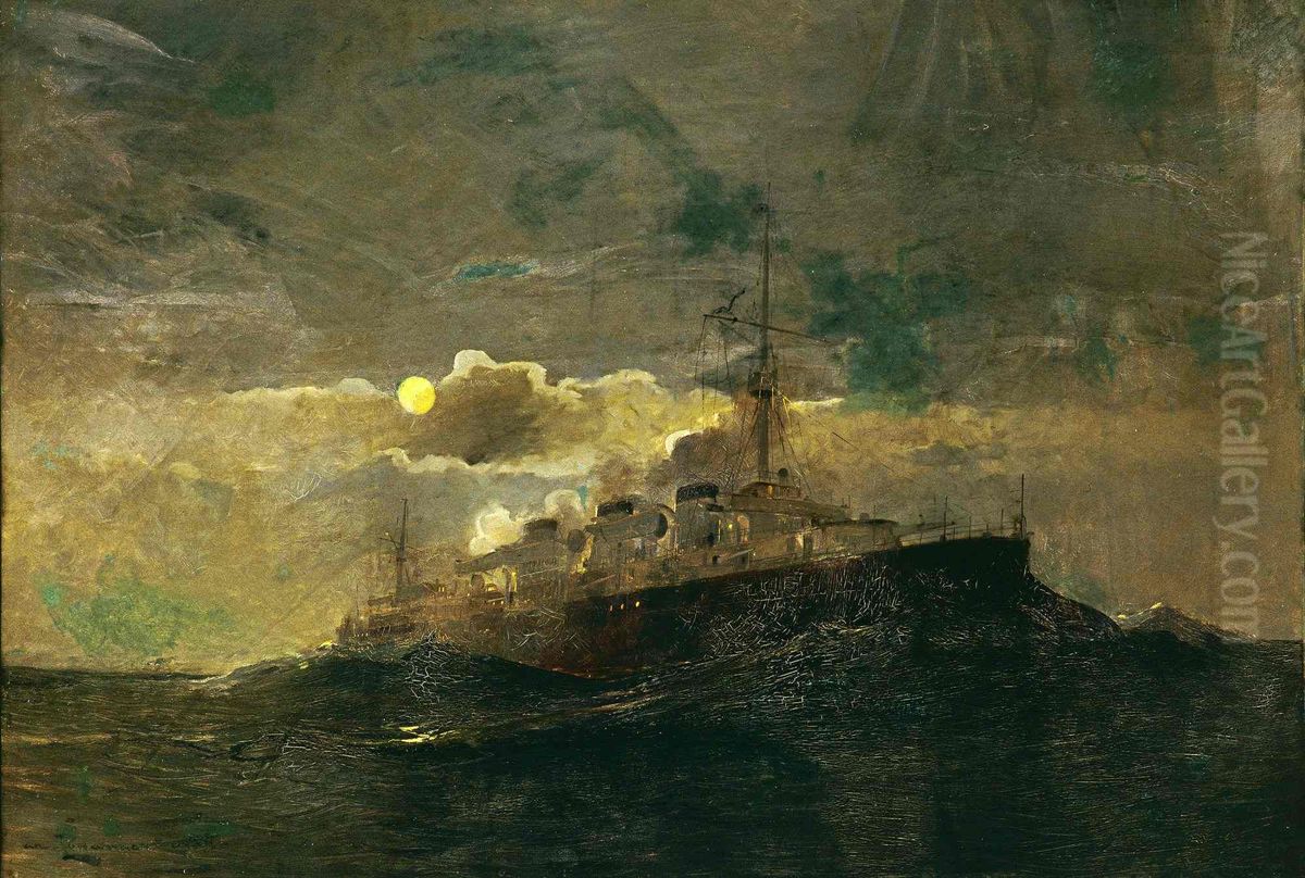 Croiseur naviguant de nuit Oil Painting by Arvid Johanson