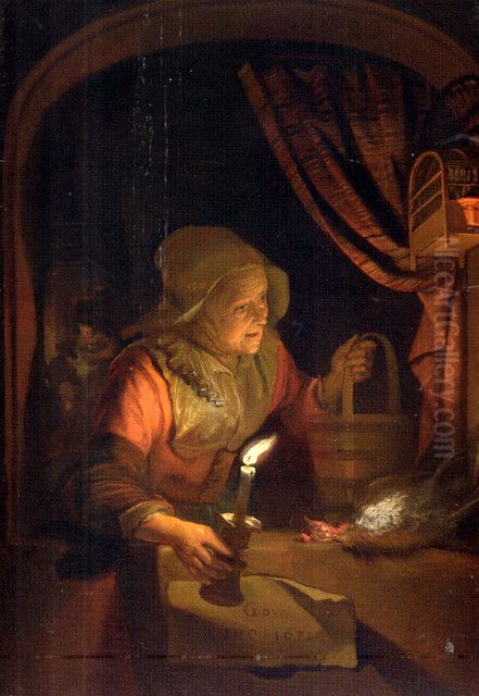 Old Woman at a Window with a Candle Oil Painting by Gerrit Dou