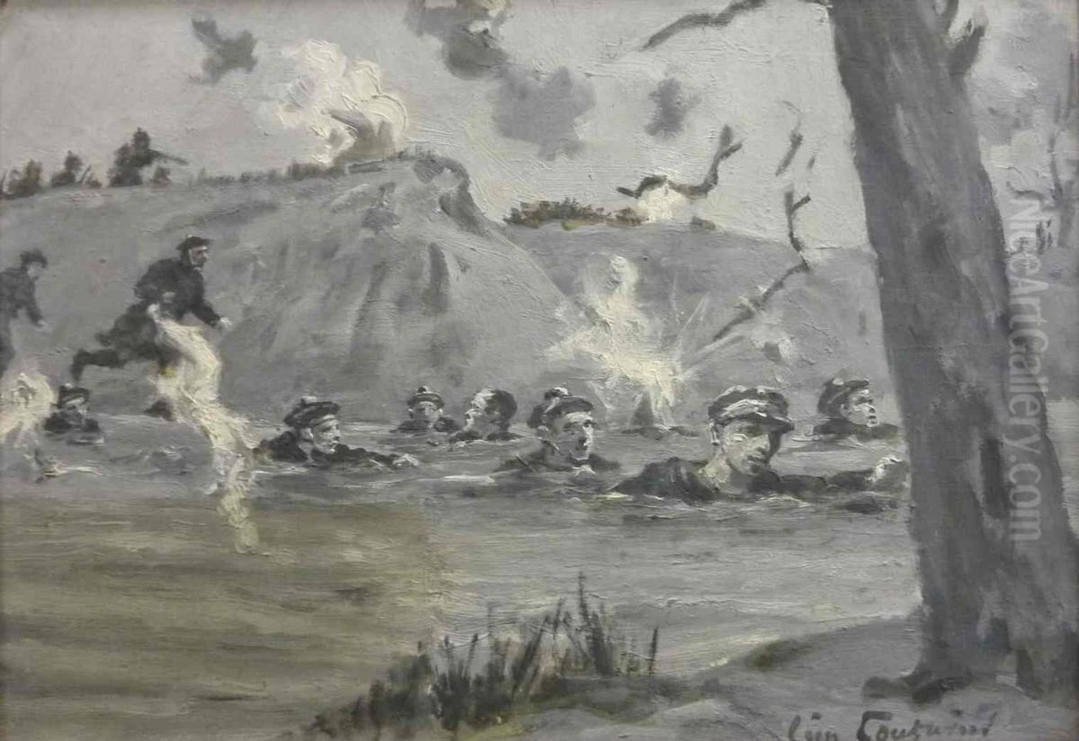 Passage de l'Yser par les fusiliers marins en 1914 Oil Painting by Leon Couturier