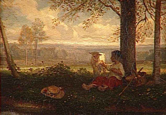 Enfant donnant a manger a un mouton Oil Painting by Alexandre-Gabriel Decamps