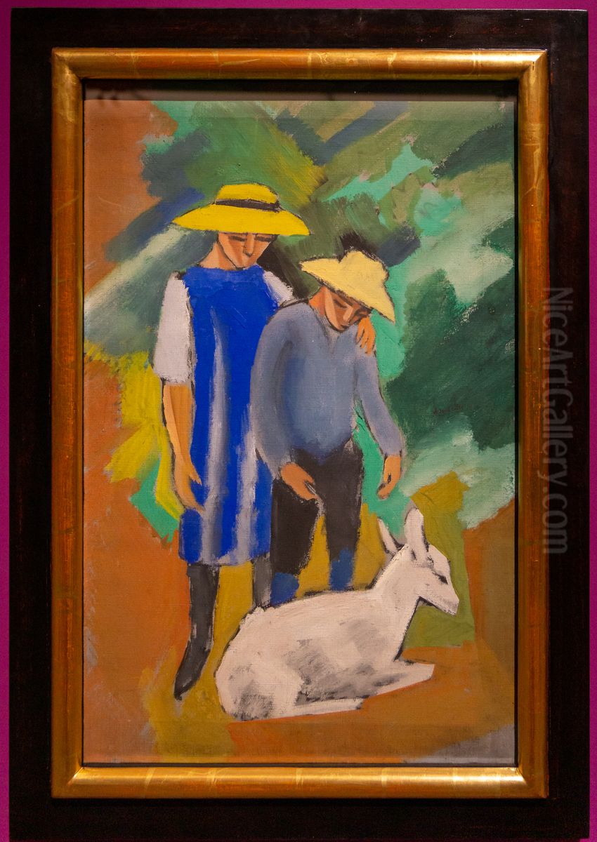 Kinder mit Ziege Oil Painting by August Macke