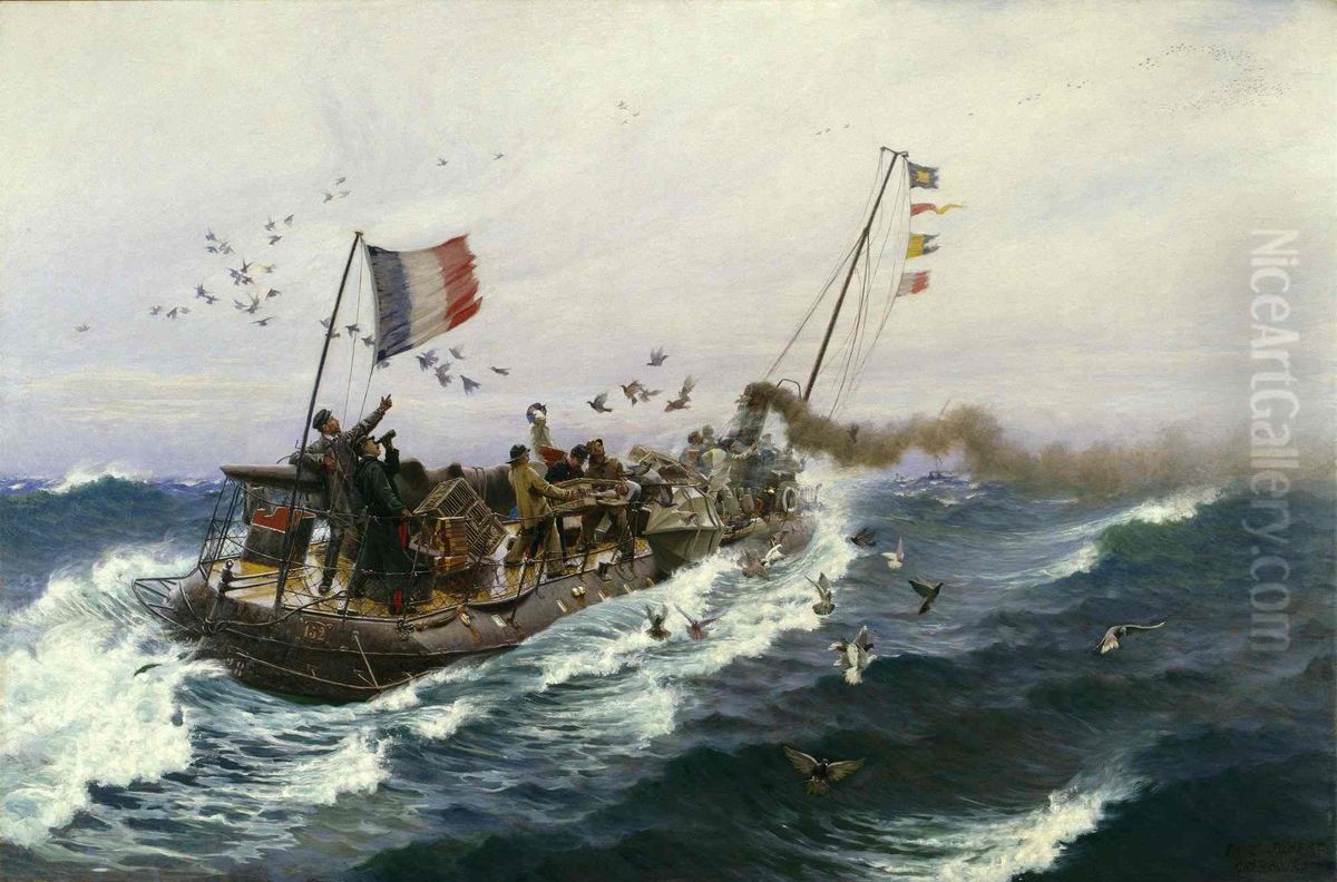 Lacher de pigeons militaires a bord d'un torpilleur, dans la Manche Oil Painting by Paul Jobert