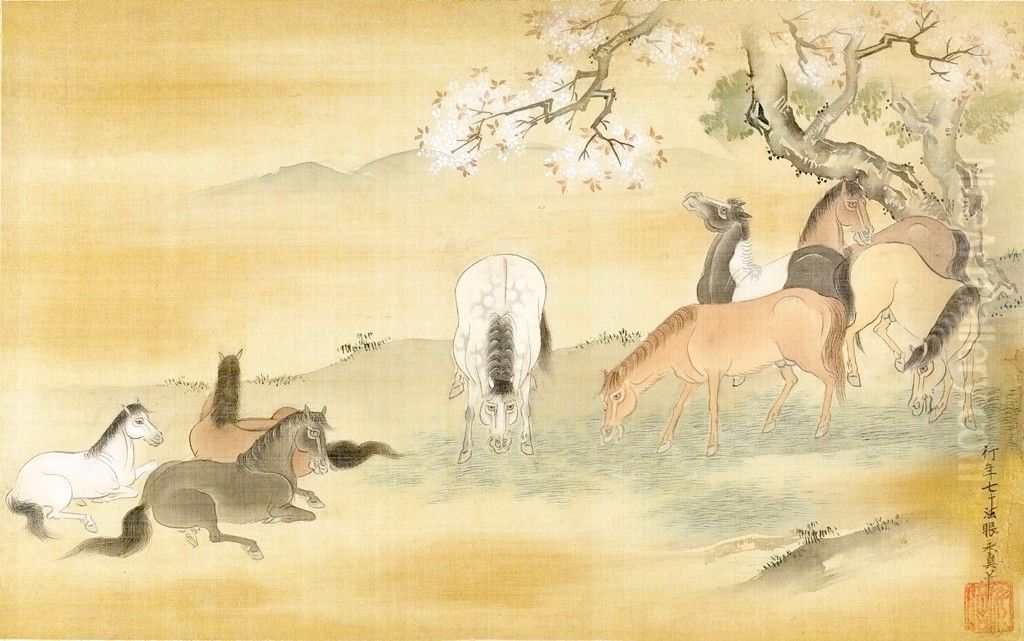 Eight Horses Oil Painting by Kano Yasunobu