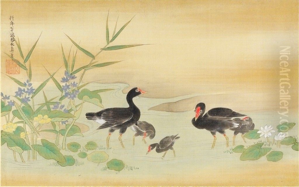 Black Birds and Tree Chickens in Pond Amid Lotus and Water Plantain Oil Painting by Kano Yasunobu