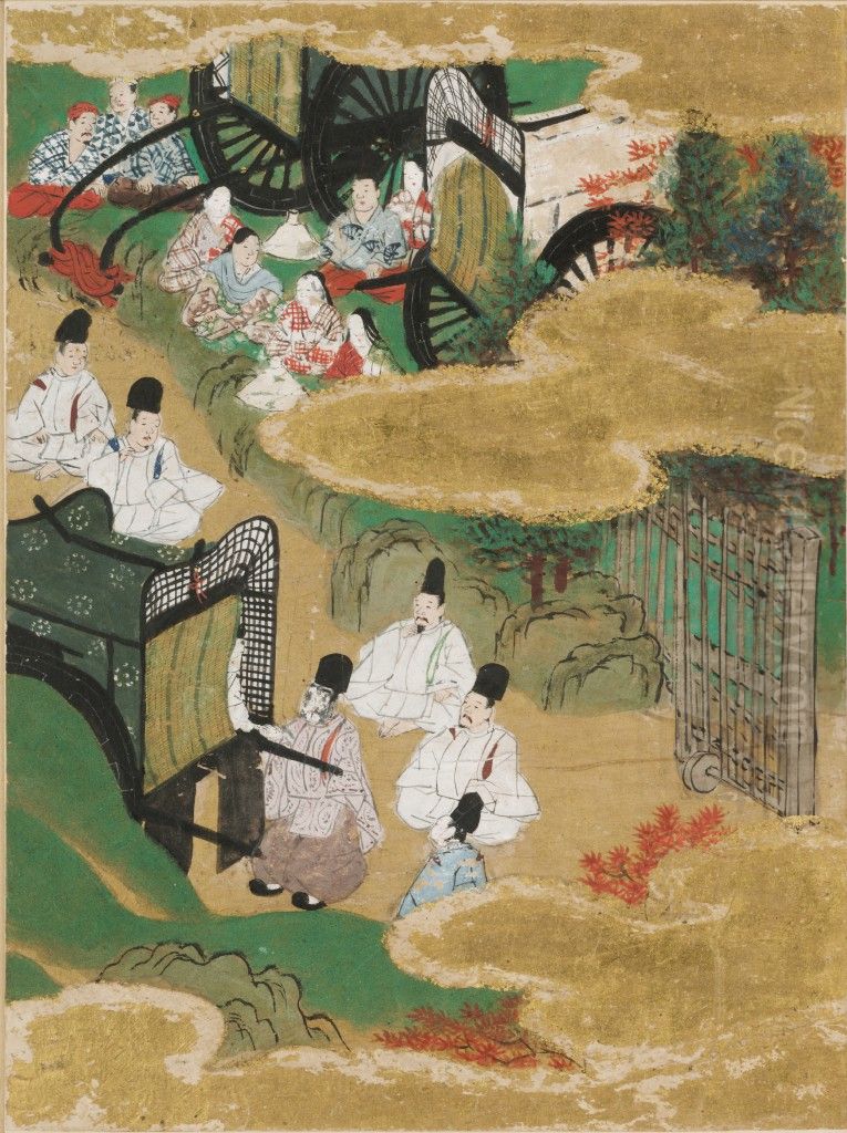 At the Pass (Sekiya), Illustration to Chapter 16 of the Tale of Genji (Genji monogatari) Oil Painting by Tosa Mitsunobu