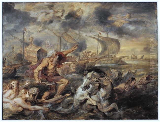 The Voyage of the Cardinal Infante Ferdinand of Spain from Barcelona to Genoa in April 1633, with Neptune Calming the Tempest Oil Painting by (studio of) Rubens, Peter Paul