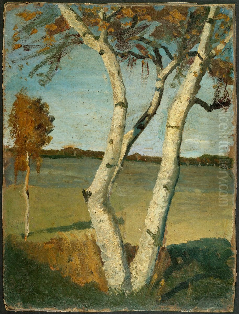 Birch Tree in a Landscape Oil Painting by Paula Modersohn-Becker