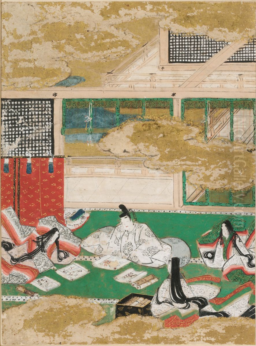 The Picture Contest (Eawase), Illustration to Chapter 17 of the Tale of Genji (Genji monogatari) Oil Painting by Tosa Mitsunobu