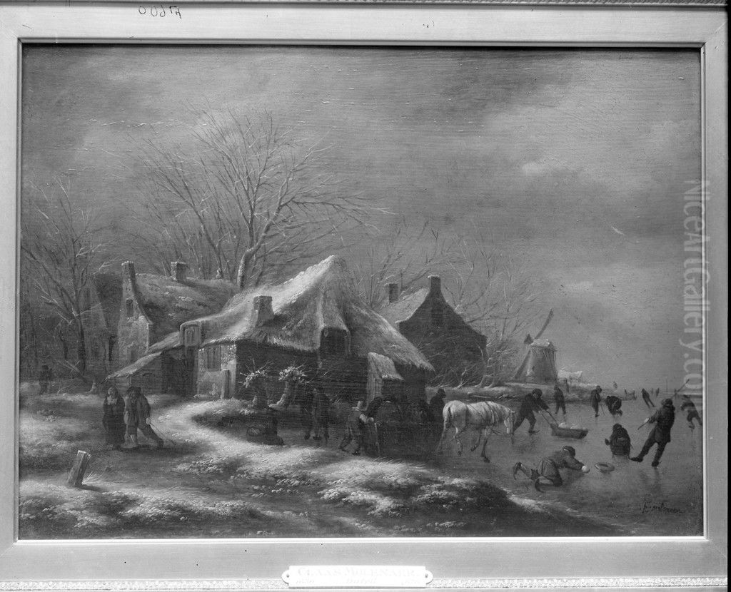Winter Landscape with Cottages and a Windmill at the Bank of a Frozen River Oil Painting by Nicolaes Molenaer
