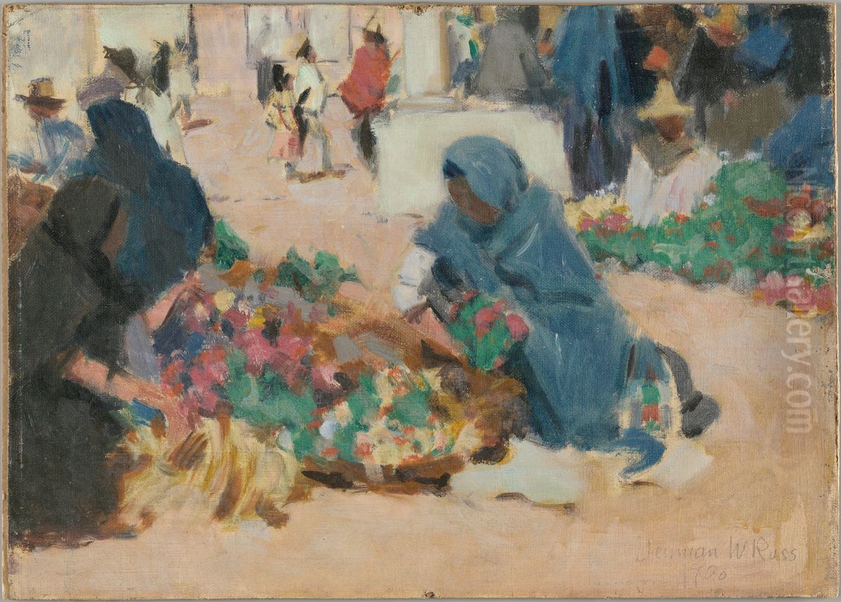 Market Scene Oil Painting by Denman Ross