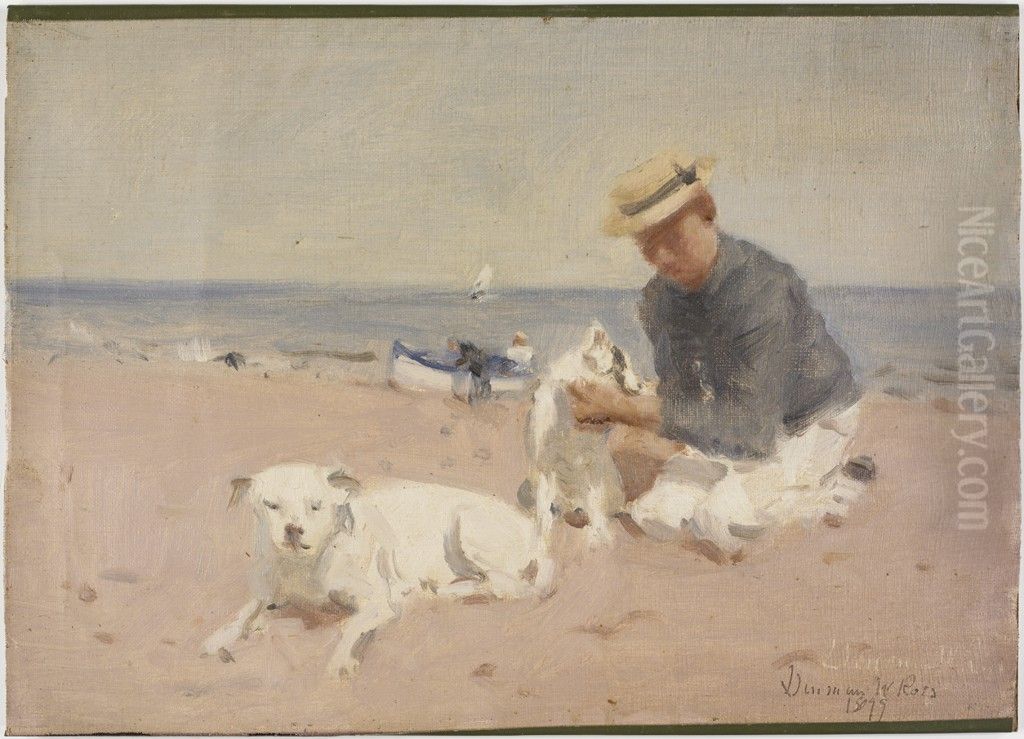 Beach Scene with Figures and Dogs Oil Painting by Denman Ross