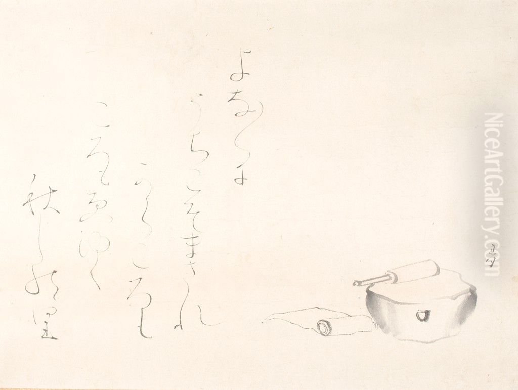 A Block for Pounding Cloth (Kinuta) and Poem Oil Painting by Otagaki Rengetsu