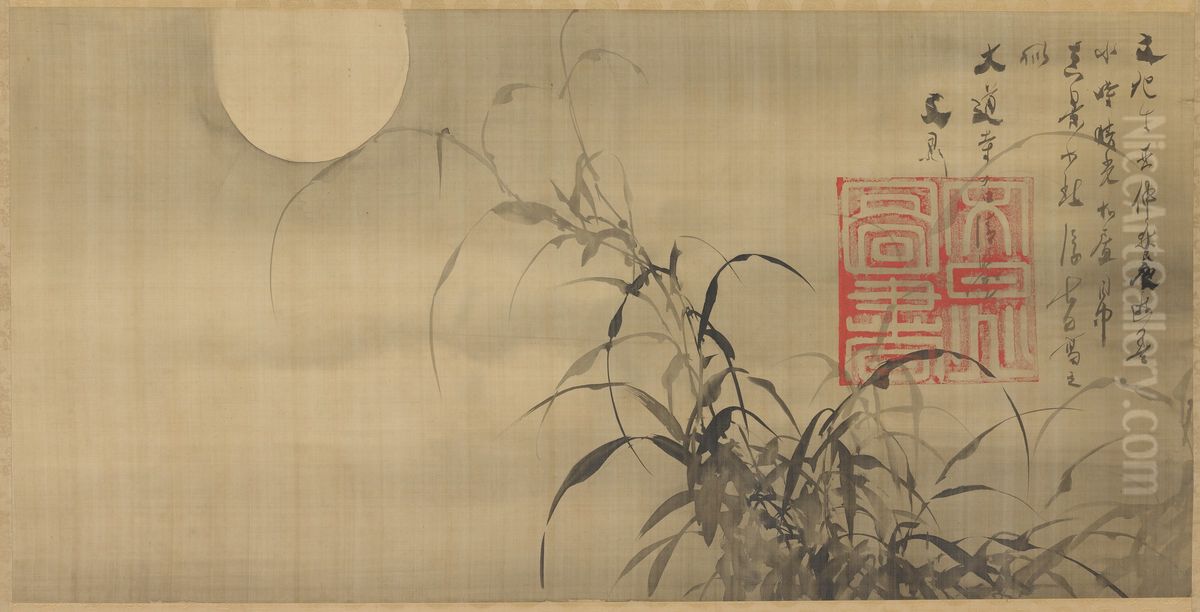 Grasses and Moon Oil Painting by Tani Buncho